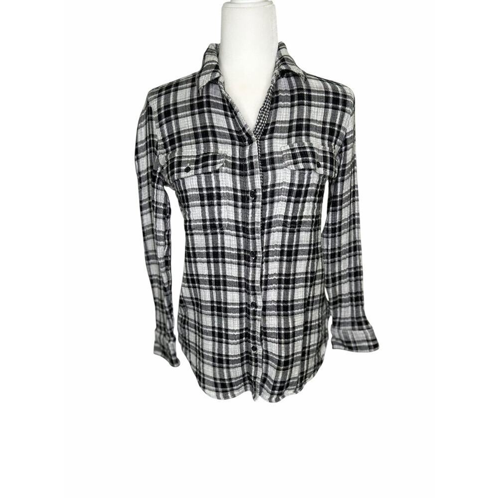 Madewell Black White Plaid Cotton Gauze Button Up Long Sleeve Blouse Top